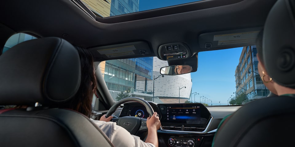 Front interior and sunroof of the 2025 Chevrolet Trax.