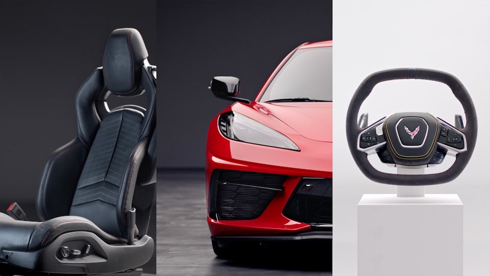 Une Chevrolet Corvette Stingray 2025 avec un siège en cuir à gauche et un volant à droite.