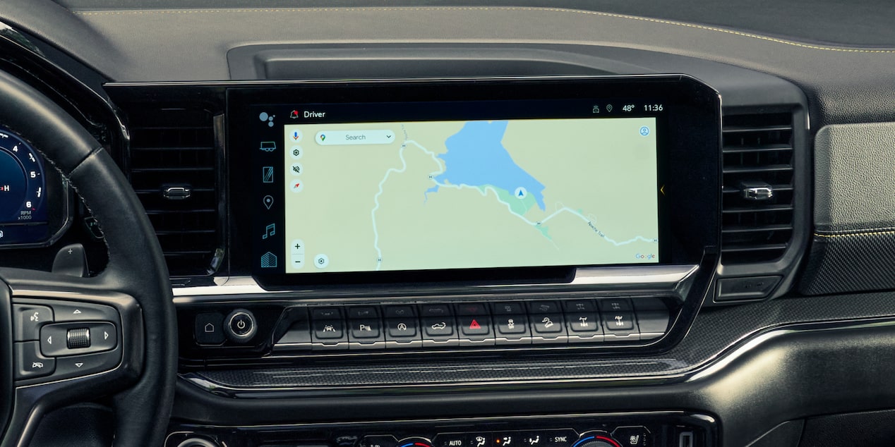 Close-up view of the 2025 Chevrolet Silverado LD display screen with built-in maps.