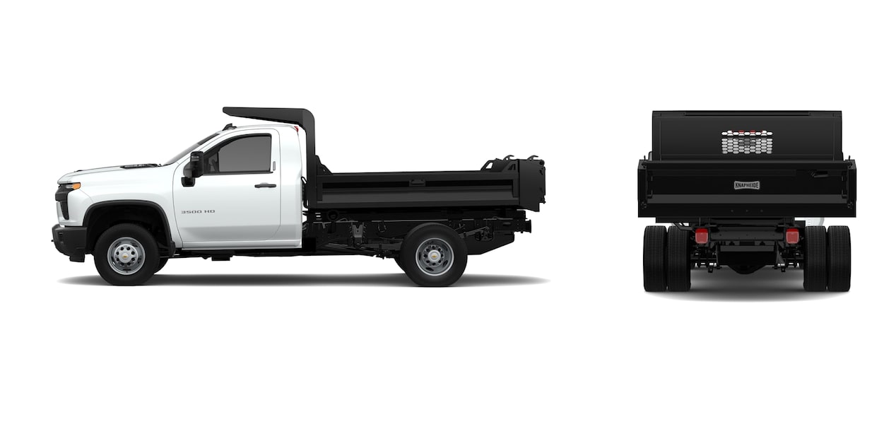 Vue latérale arrière du châssis-cabine Chevrolet Silverado 3500 HD 2025 avec aménagement camion à benne basculante.