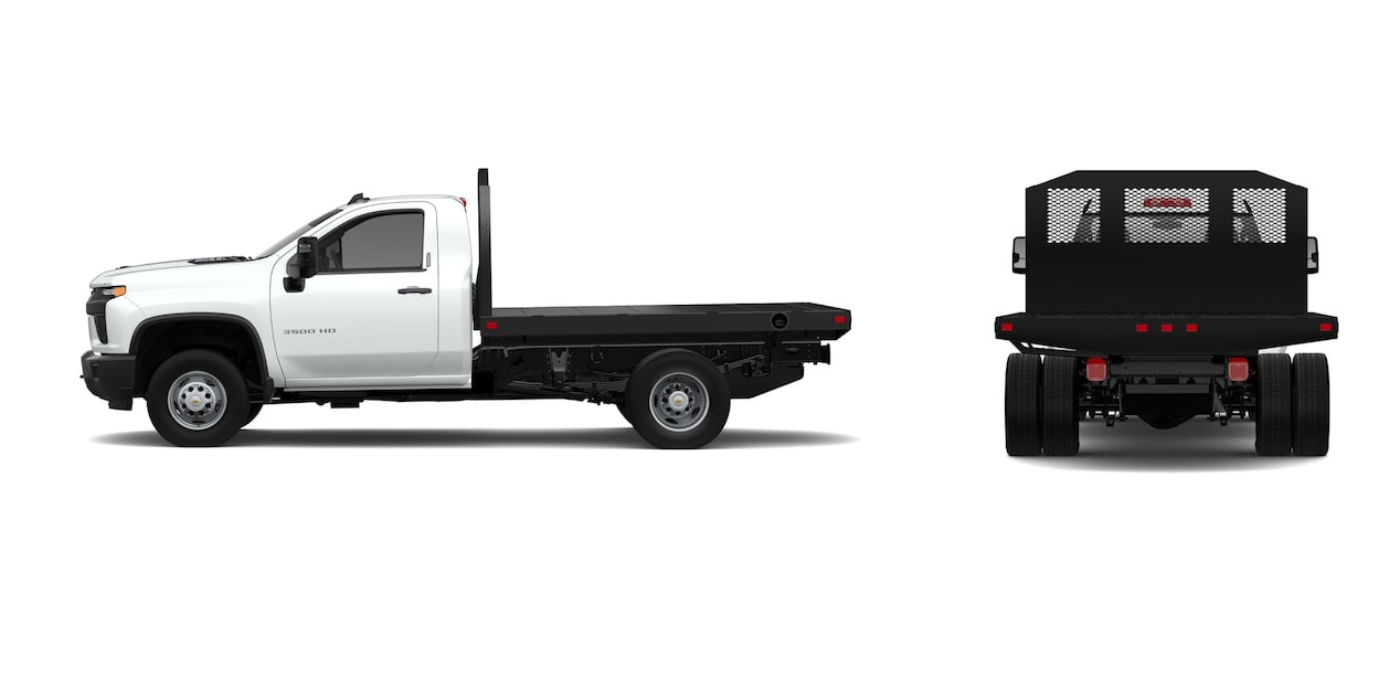 Vue latérale arrière du châssis-cabine Chevrolet Silverado 3500 HD 2025 avec aménagement carrosserie-plateau droite.