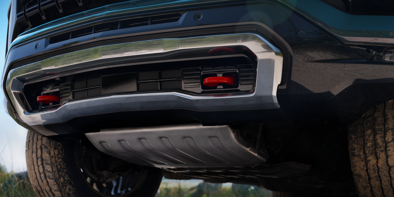 Close-up view of the front underbody of the 2025 Chevrolet Tahoe SUV.