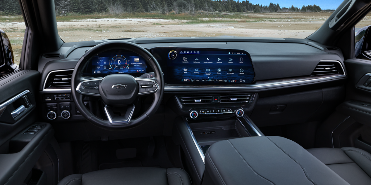 Driver's view of the front interiors of the 2025 Chevrolet Tahoe.
