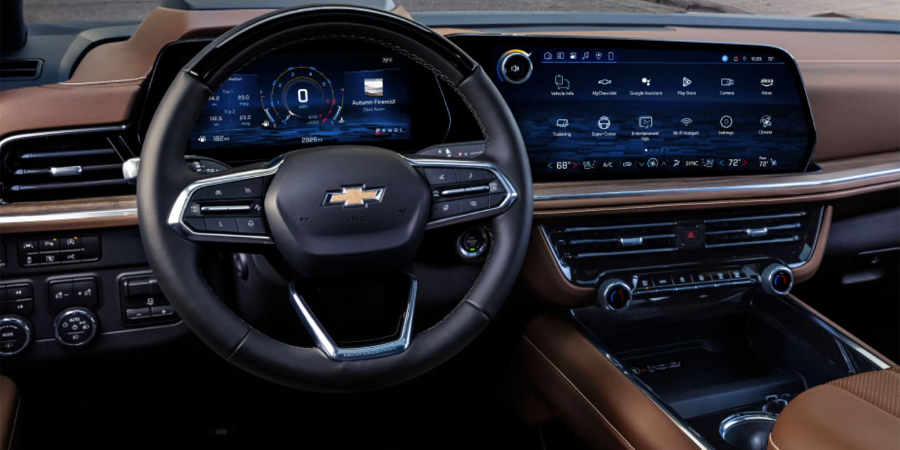 Driver's view of the 2025 Chevrolet Tahoe SUV spacious interiors.