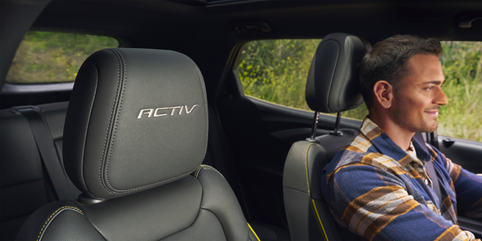 ACTIV Badging on front seating of the 2025 Chevrolet Trailblazer ACTIV.