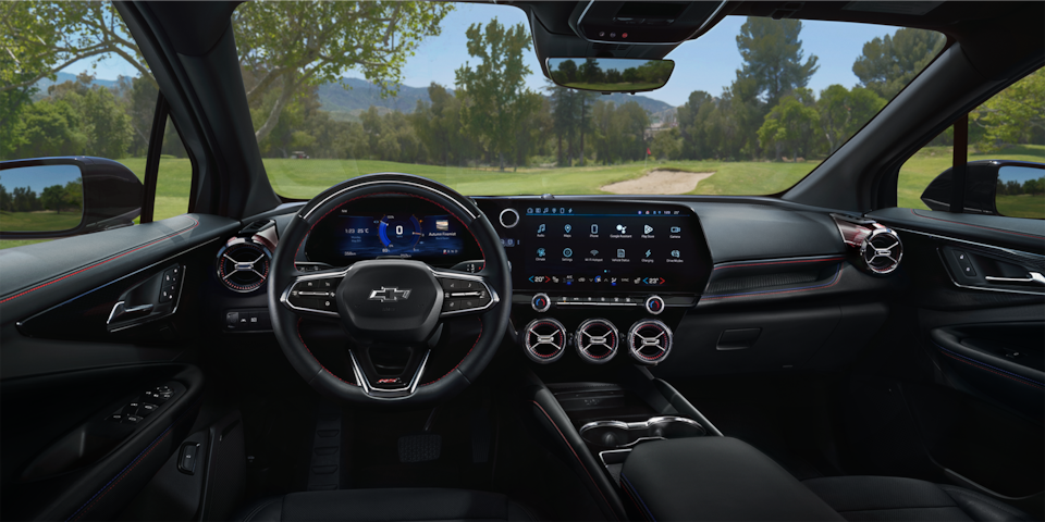 Front interior view of the full display panel and dashboard of the 2025 Chevrolet Blazer EV.