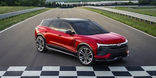 2026 Chevrolet Blazer EV parked near the finish line of a racetrack.