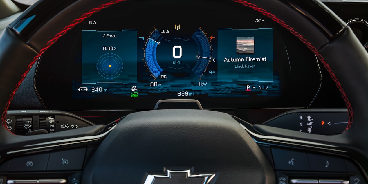 Close up view of the dashboard and steering wheel of the 2026 Chevrolet Blazer EV.