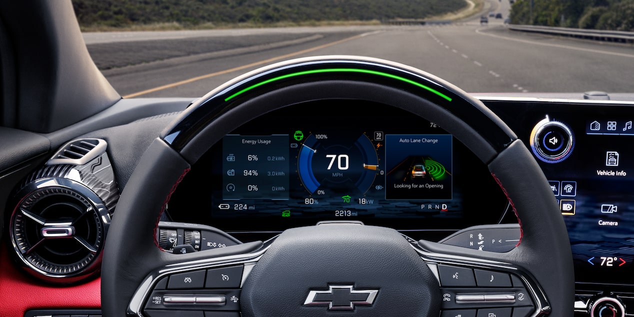 Driver's view of the 2026 Chevrolet Blazer EV with Super Cruise Hands-Free Driving activated.