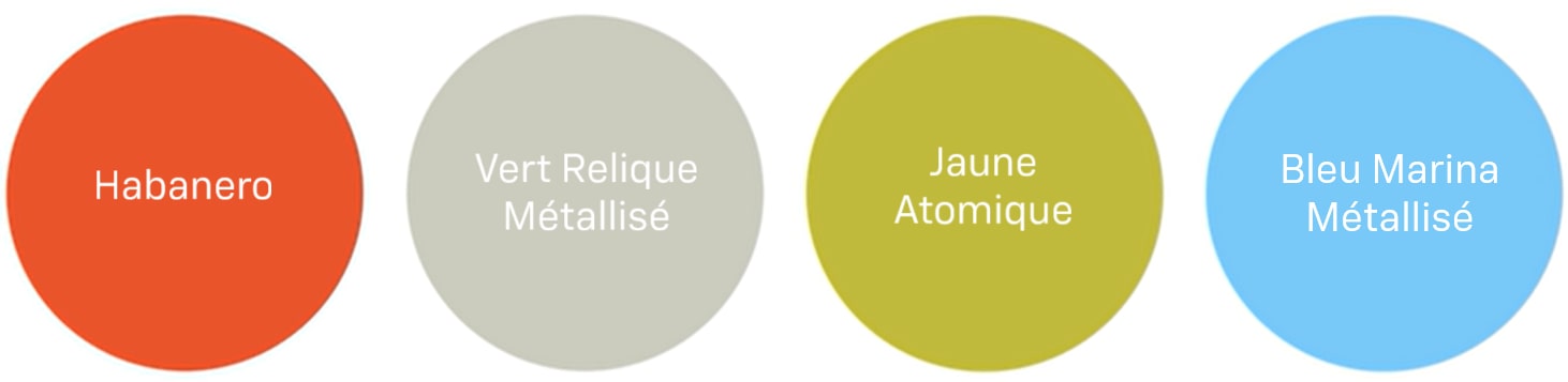 Une grille de quatre échantillons de couleurs pour la Chevrolet Bolt 2027, de gauche à droite.