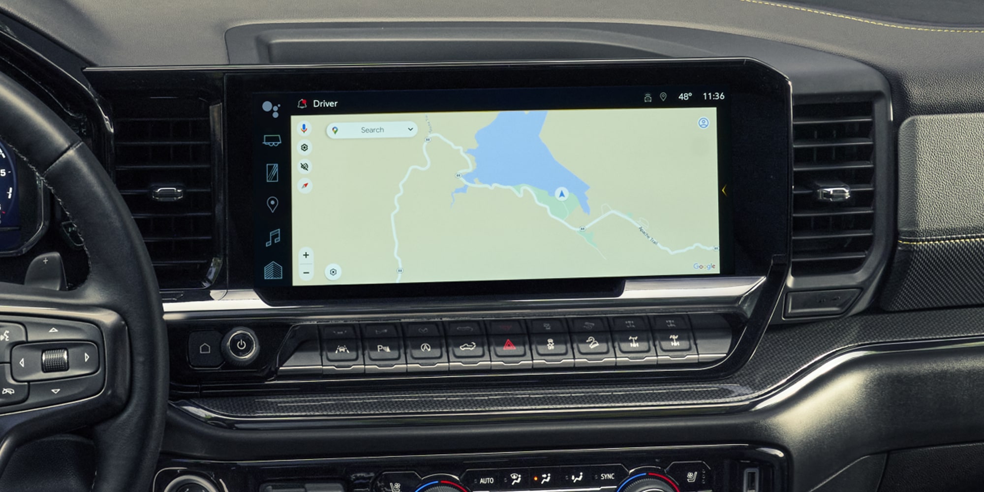 Close up view of the infotainment screen of the 2026 Chevrolet Silverado LD showing map information.