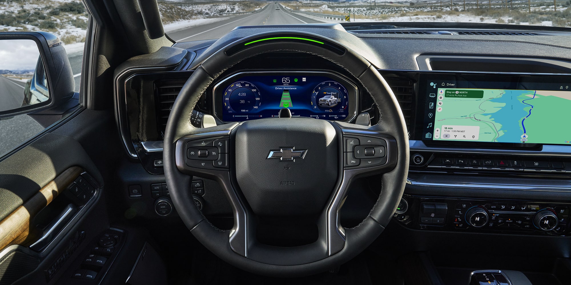 Driver's view of the steering wheel of the 2026 Chevrolet Silverado LD.