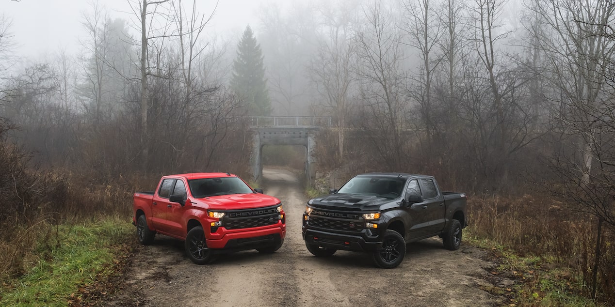 Front three quarter shots of silverado in the woods