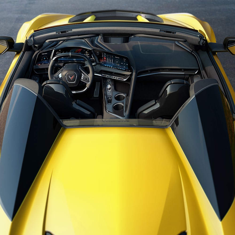 Birds Eye View of the 2026 Chevrolet Corvette with the Convertible Roof Down.