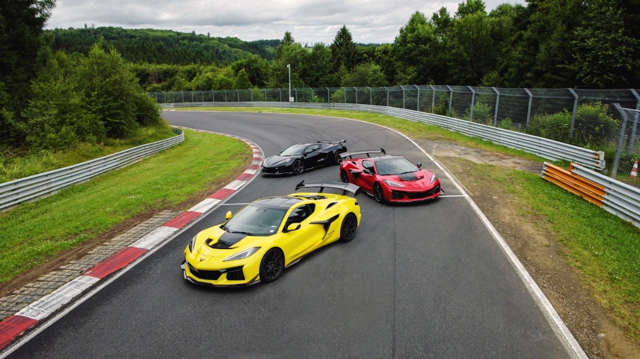 Multiple Corvette ZR1X vehicles driving on a racetrack