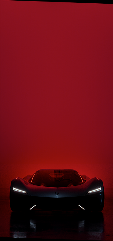 Front view of the Chevrolet Corvette CX parked in a dimly lit area.