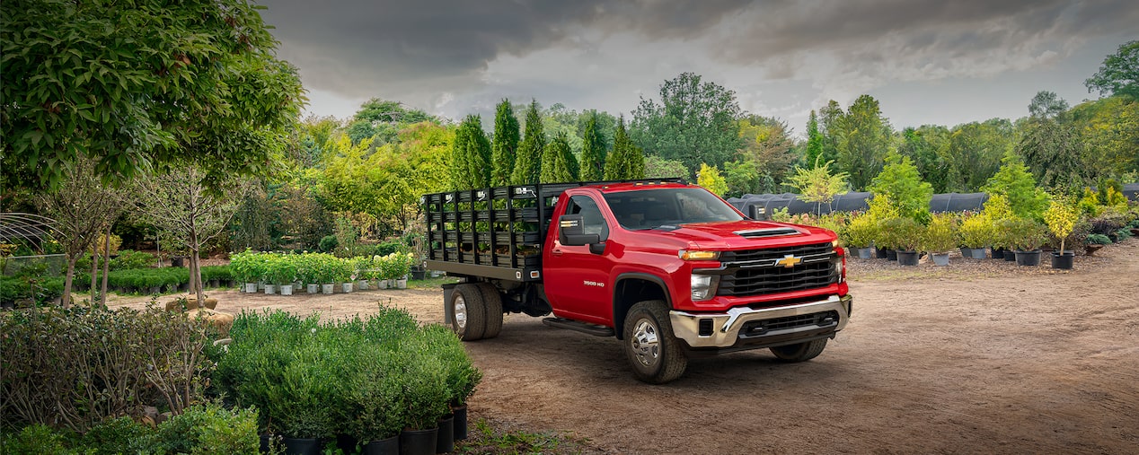 Le châssis-cabine Chevrolet Silverado 3500 HD 2025 en train de transporter des arbustes dans un centre de jardinage.