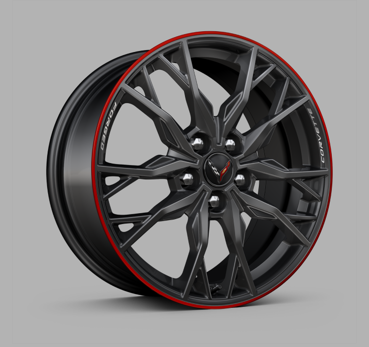 Les roues en aluminium forgé gris minuit avec bande rouge de la Chevrolet Corvette Stingray 2025. 
