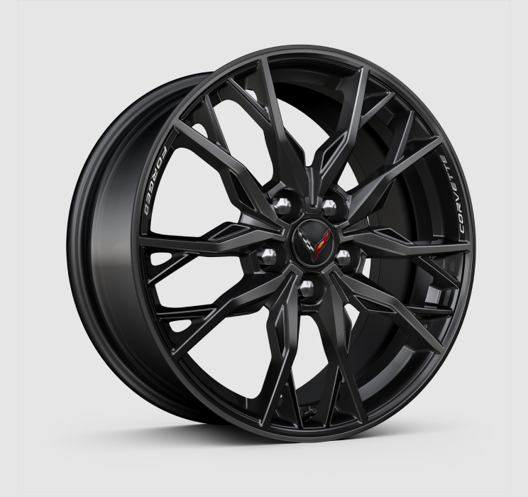 Les roues en aluminium forgé noir lustré de la Chevrolet Corvette Stingray 2025.