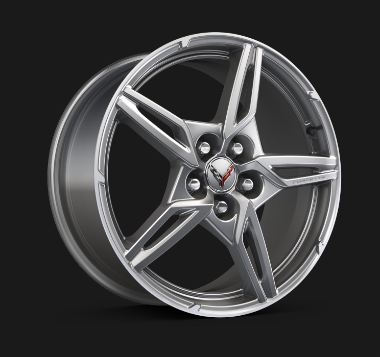 Les roues en aluminium peint argent éclatant de la Chevrolet Corvette Stingray 2025.