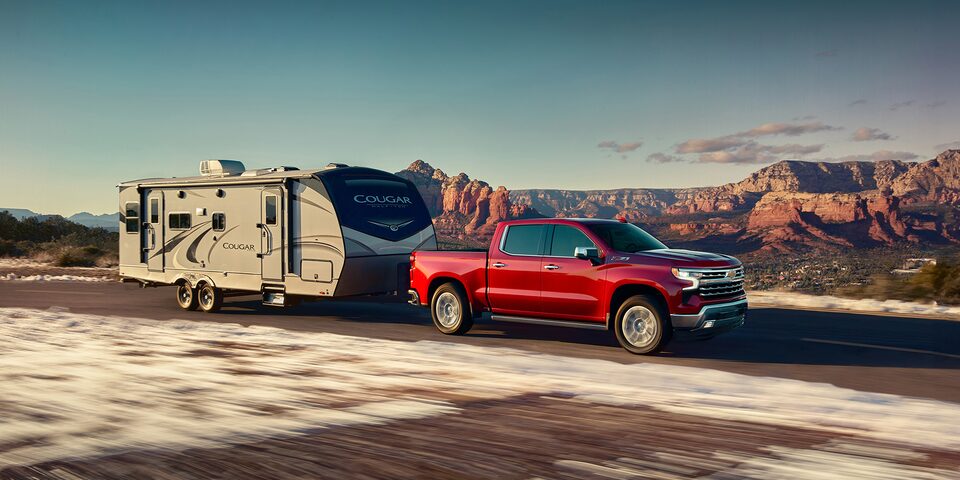 Chevy Homepage: <Silverado front 3/4 towing>