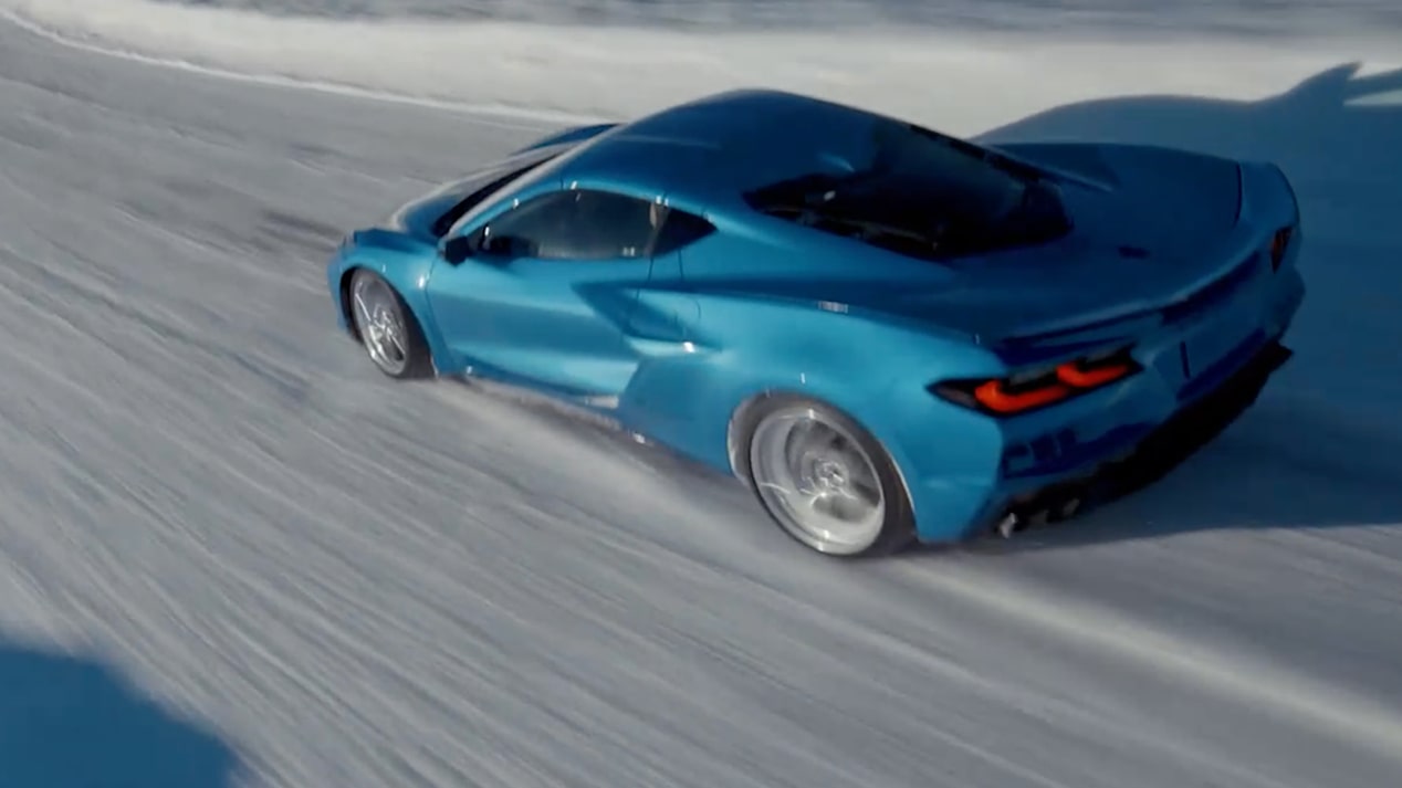 Video Thumbnail of The 2025 Chevrolet Corvette E-Ray Driving On Snowy Road