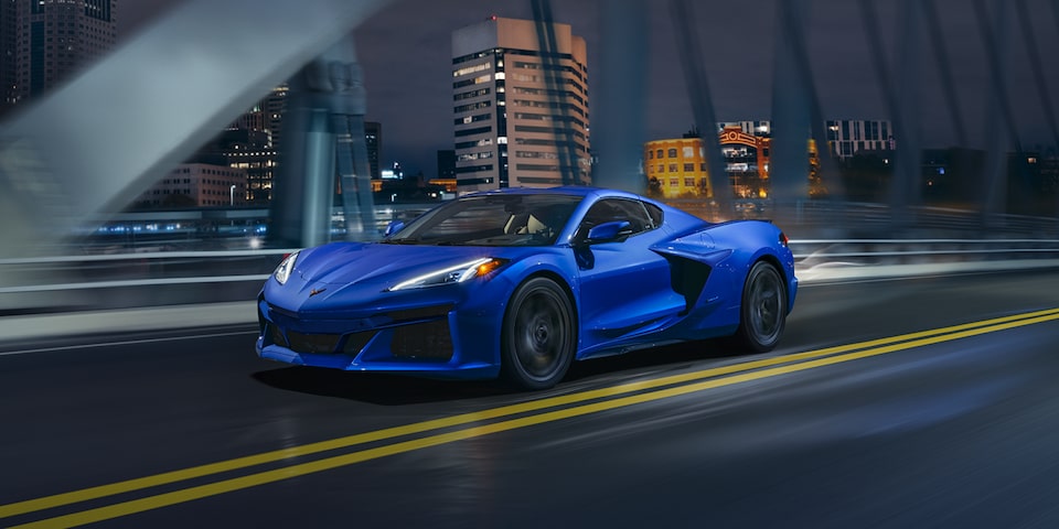 Riptide Blue Corvette E-Ray driving in the City