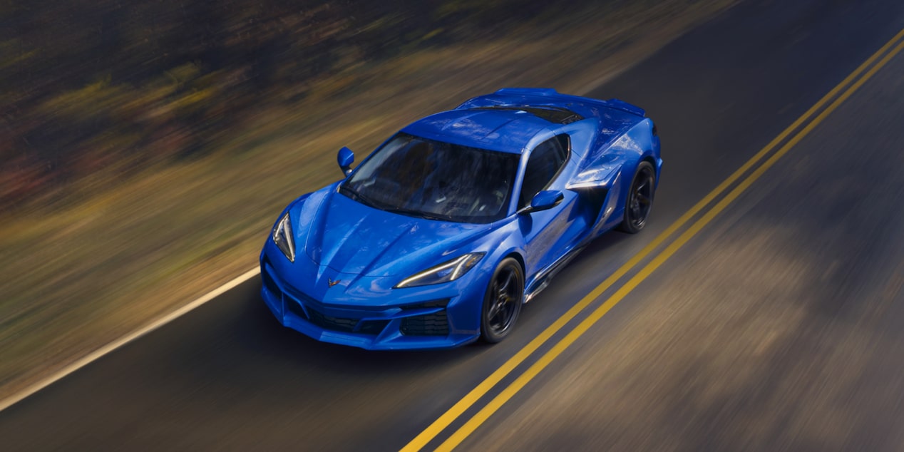 2025 Corvette E-Ray driving on forest road
