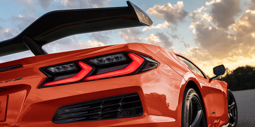 Spoiler detail on orange corvette Z06
