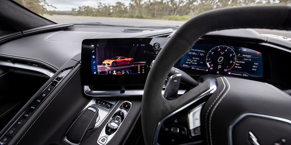 Image of the infotainment and driver instrument cluster in a Corvette Stingray