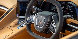 Close up image of the steering wheel in a corvette stingray
