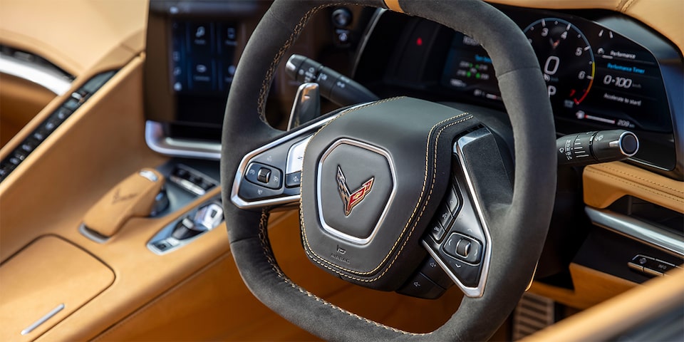 Close up image of the steering wheel in a corvette stingray