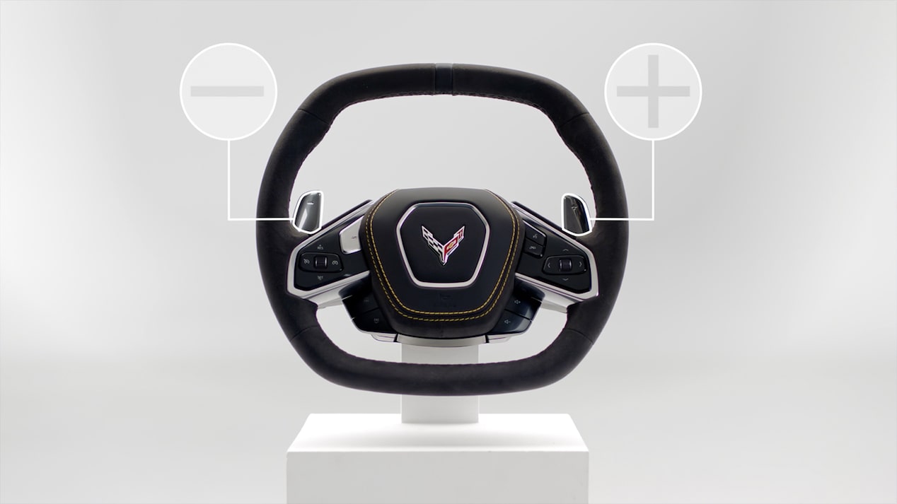 Paused image of the Corvette Stingray steering wheel from the Corvette Academy video