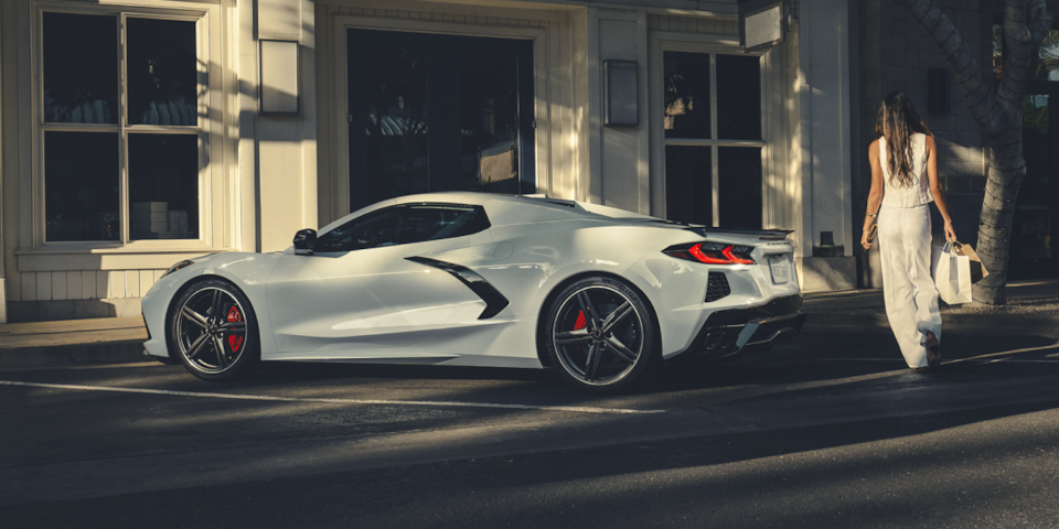 Lifestyle shot of the Arctic White Corvette Stingray