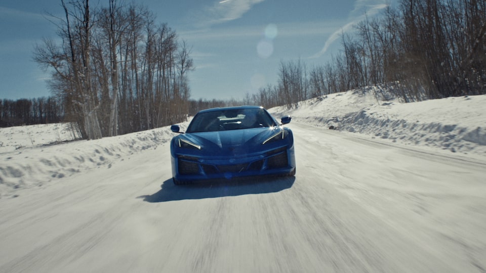 Video Thumbnail of The 2024 Chevrolet Corvette E-Ray Driving On Snowy Road