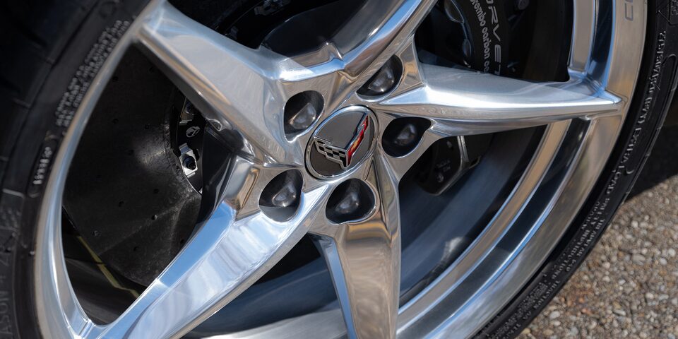 Close-Up of 2024 Chevrolet Corvette E-Ray Wheel Rims with Corvette Logo