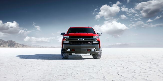 2020 Silverado LD Catalog image. Silverado 1500 Crew Cab Custom Trail Boss in Red Hot.